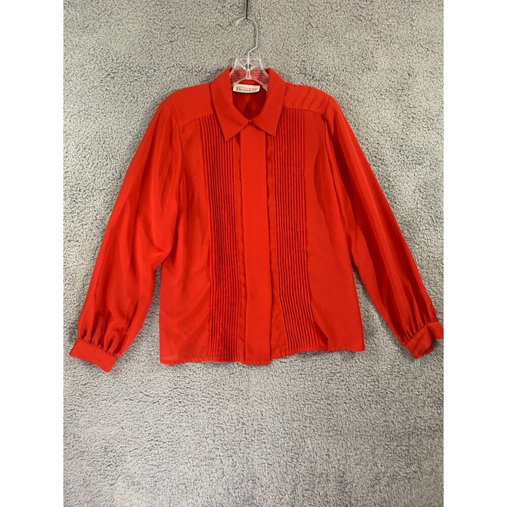 CHRISTIE & JILL Blouse Size 10 RED Polyester Sateen Pleated Hidden Button Collar